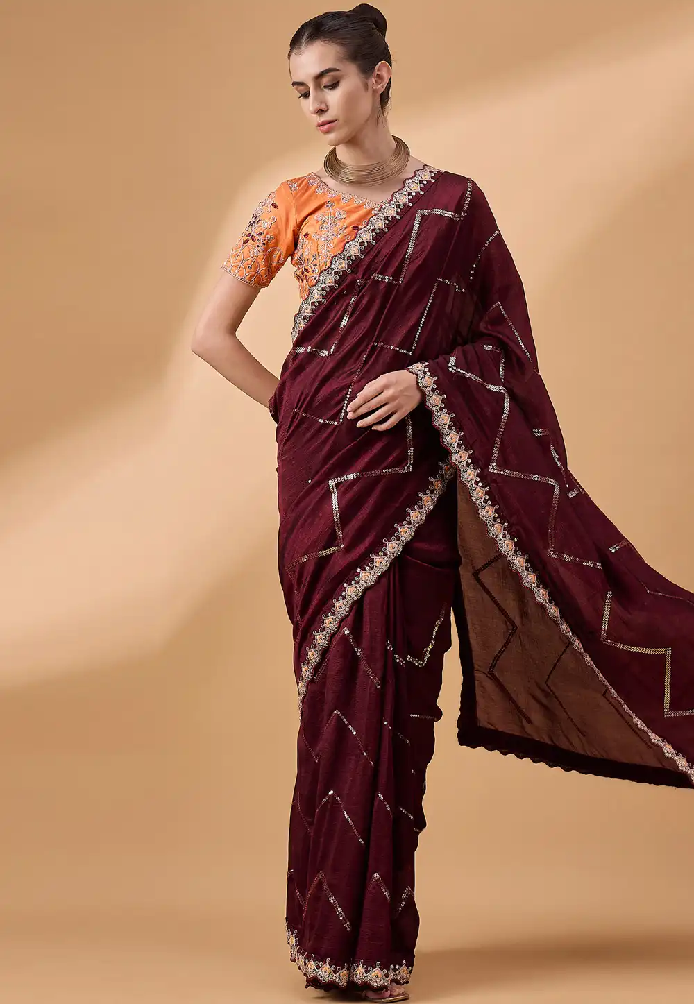 Wine Chinon Saree With Blouse 291994