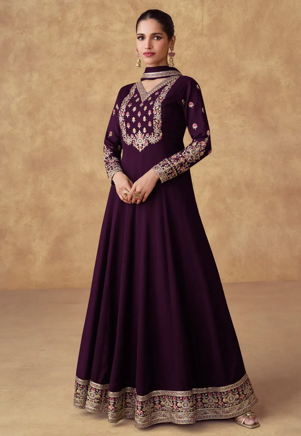 Wine Chinon Silk Anarkali Suit 297098