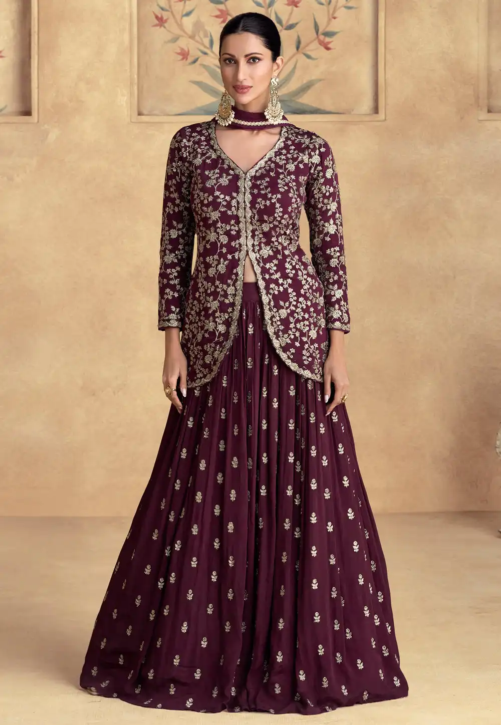 Wine Chinon Silk Indo Western Lehenga Choli 294434