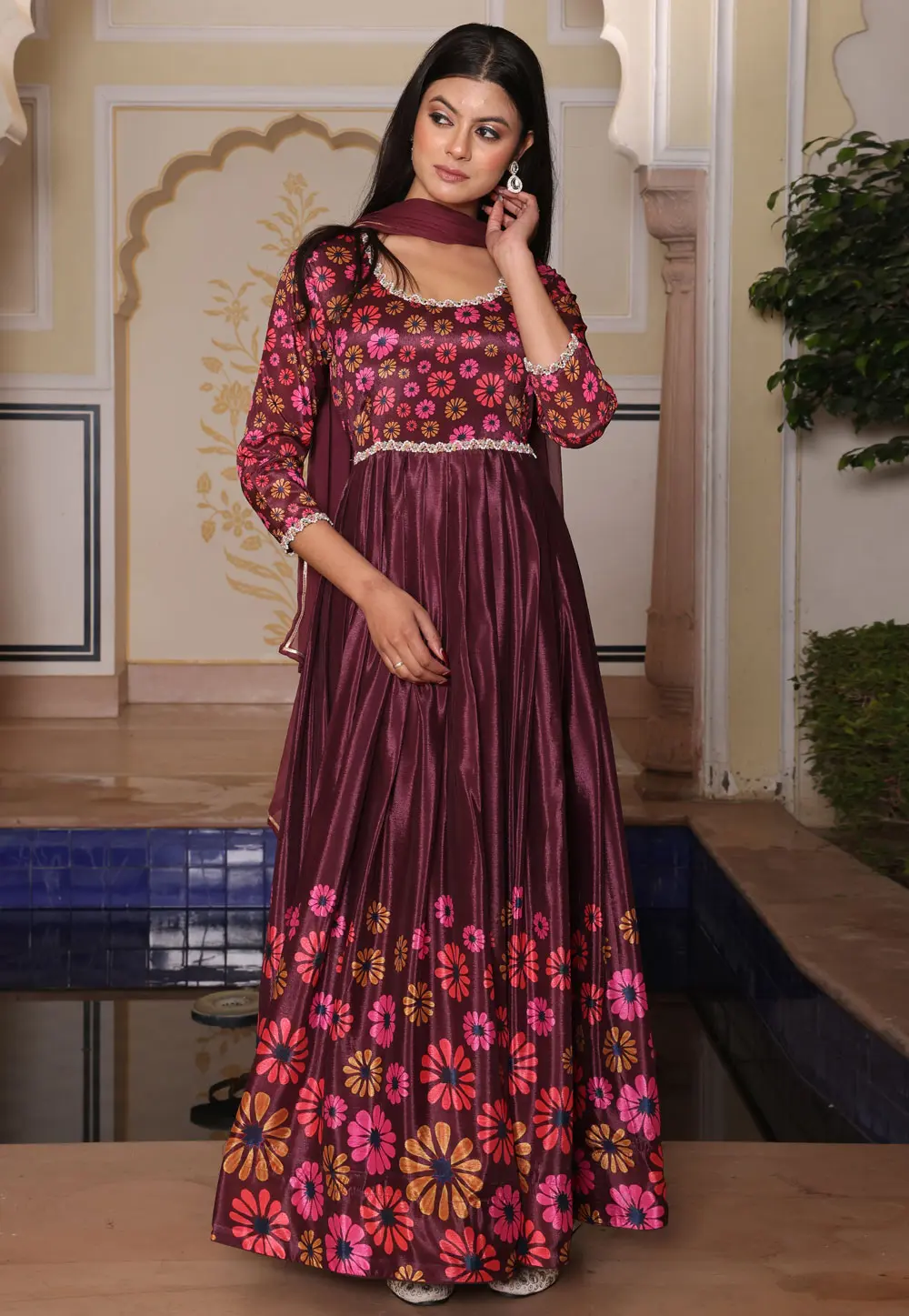 Wine Chinon Silk Long Anarkali Suit 304018