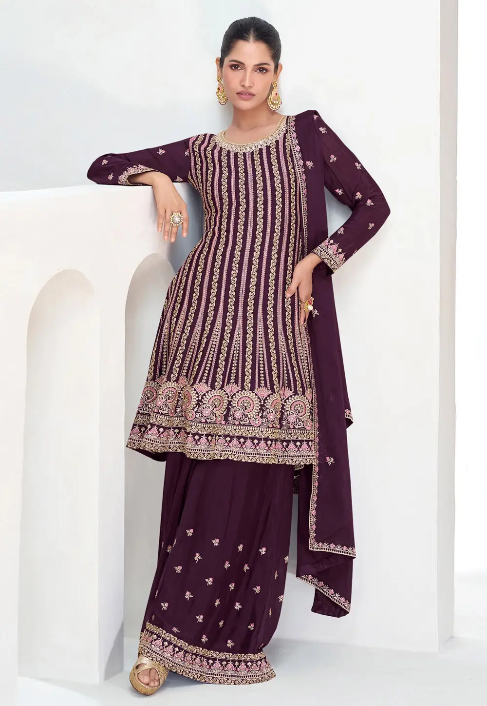 Wine Chinon Silk Pakistani Suit 296790