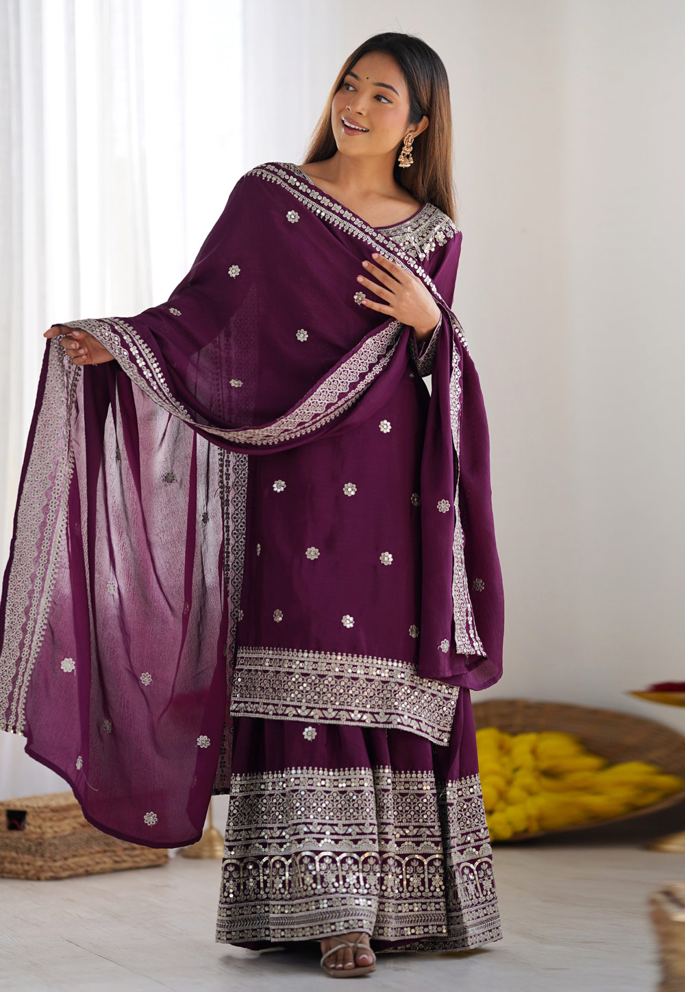 Wine Chinon Silk Readymade Gharara Suit 305830