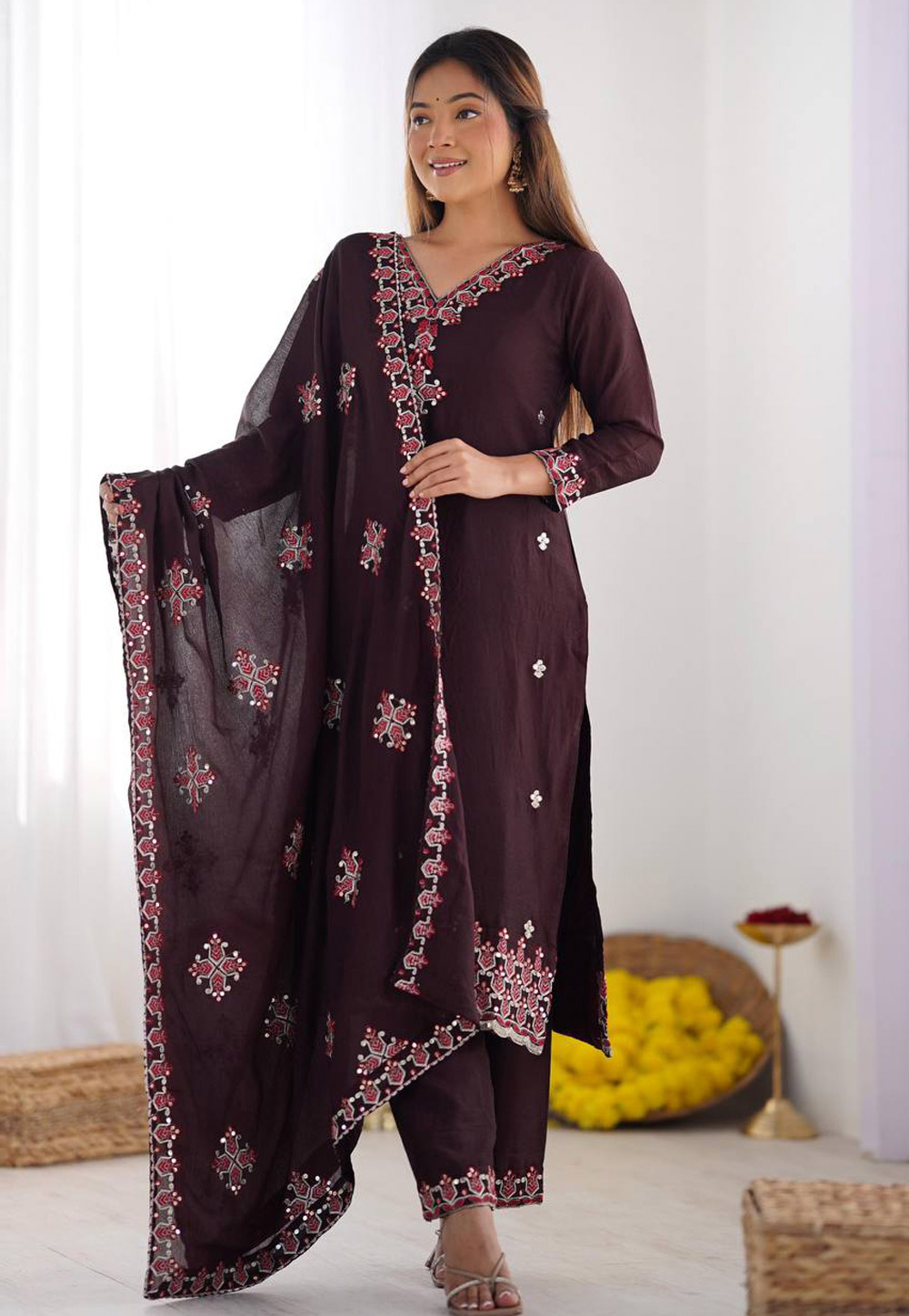 Wine Chinon Silk Readymade Pakistani Suit 309939