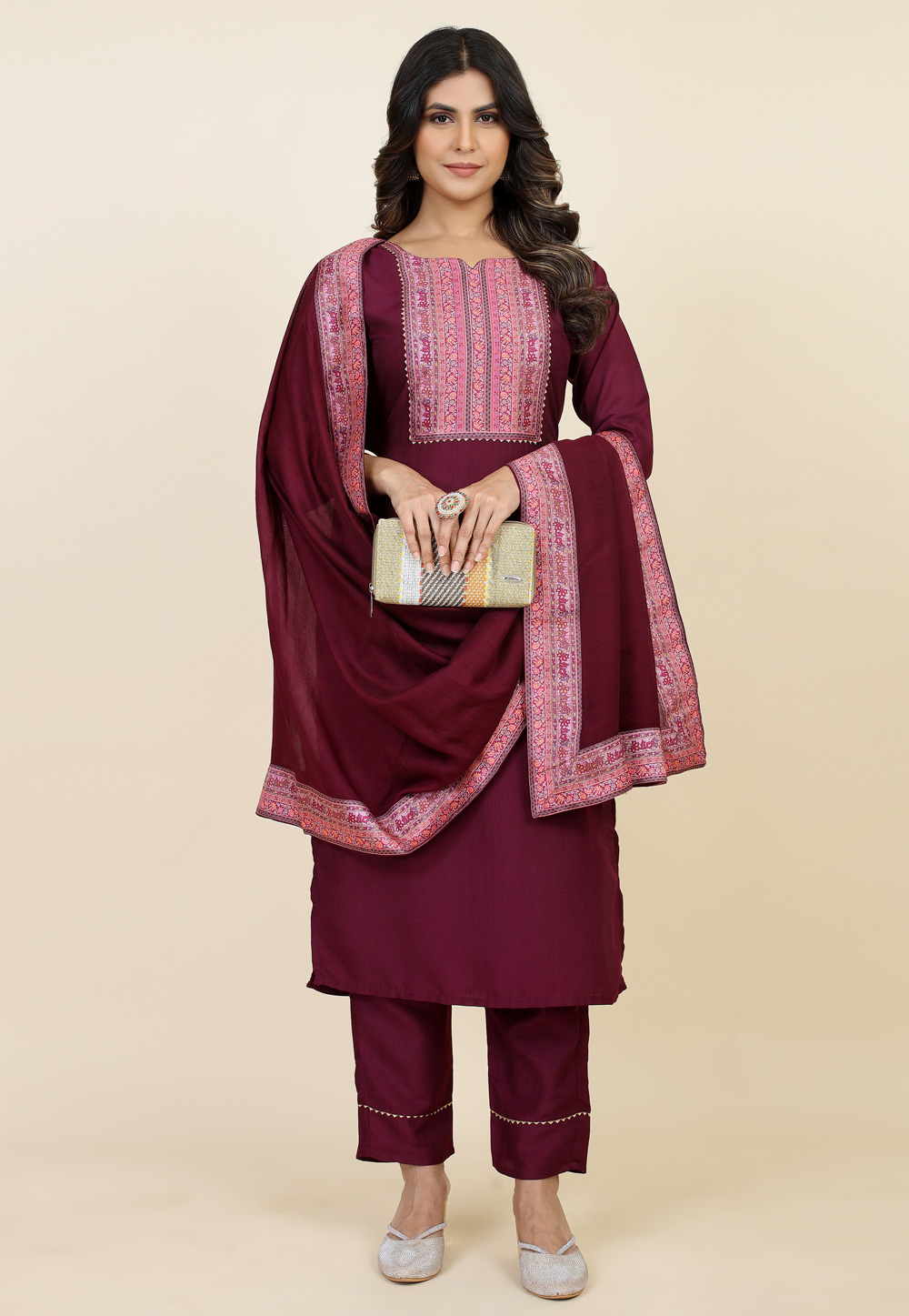 Wine Chinon Silk Readymade Pakistani Suit 283179