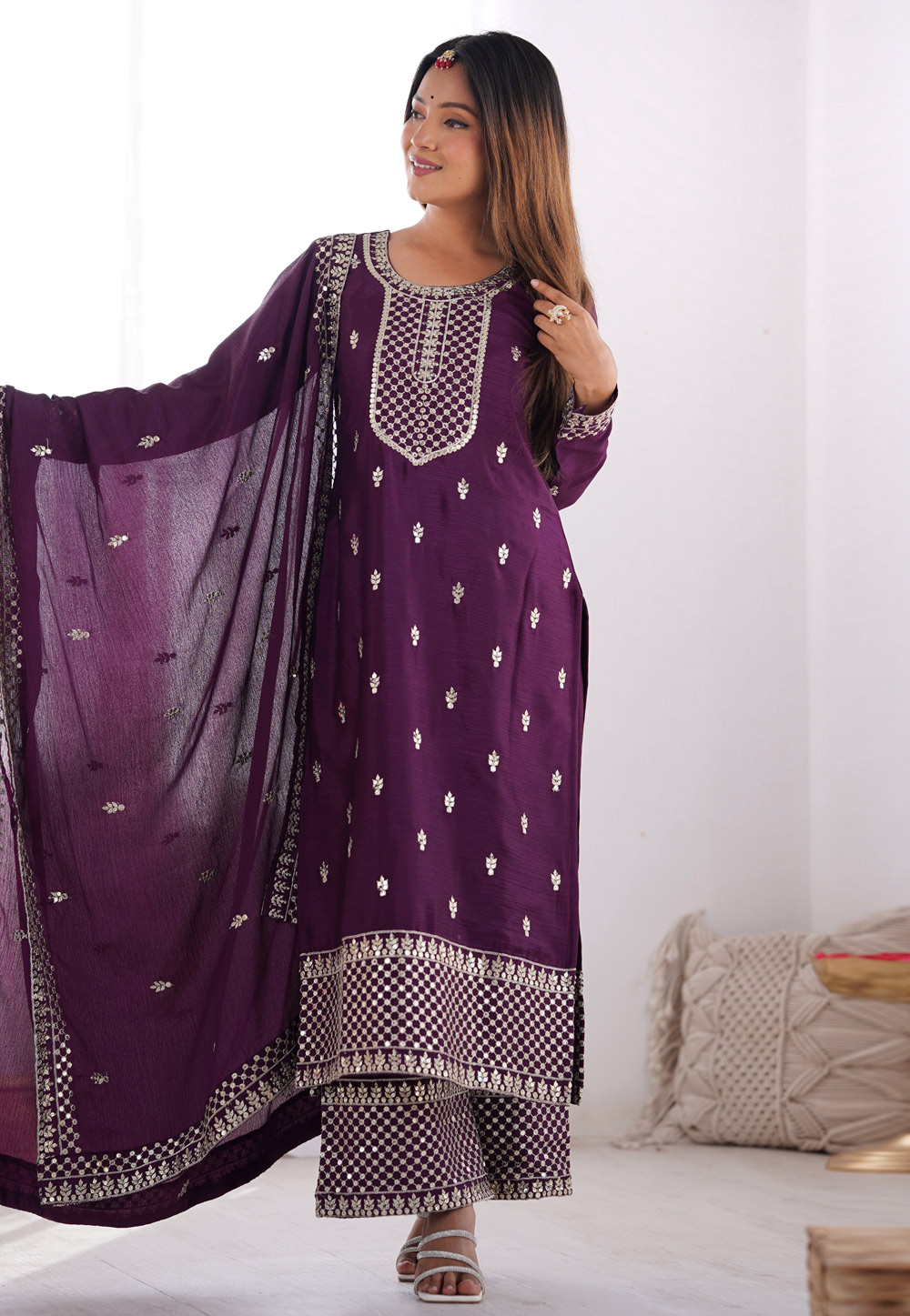 Wine Chinon Silk Readymade Palazzo Suit 309617