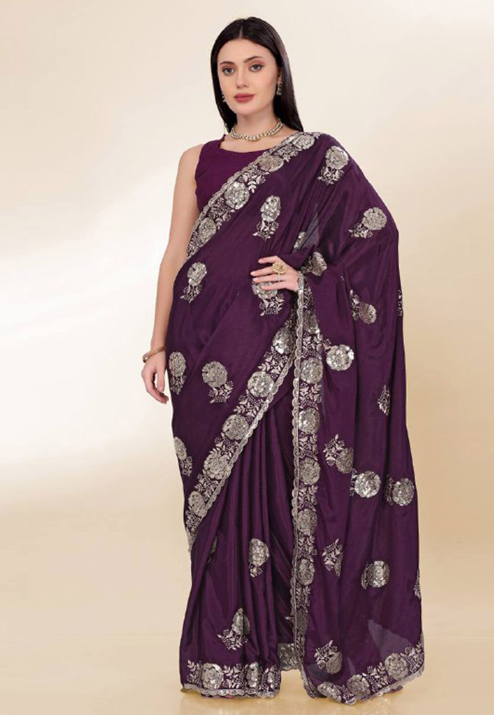 Wine Chinon Silk Saree With Blouse 305675