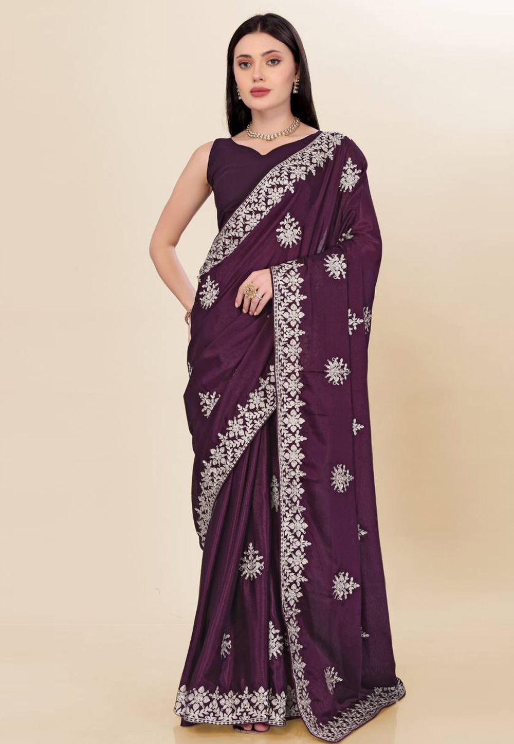 Wine Chinon Silk Saree With Blouse 305794