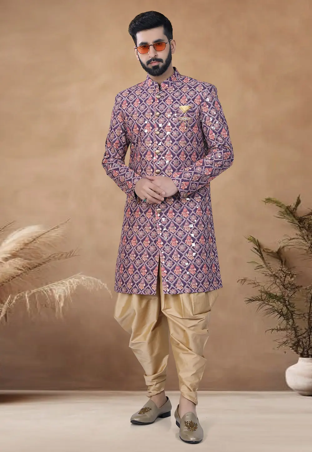 Wine Cotton Indo Western Suit 298560