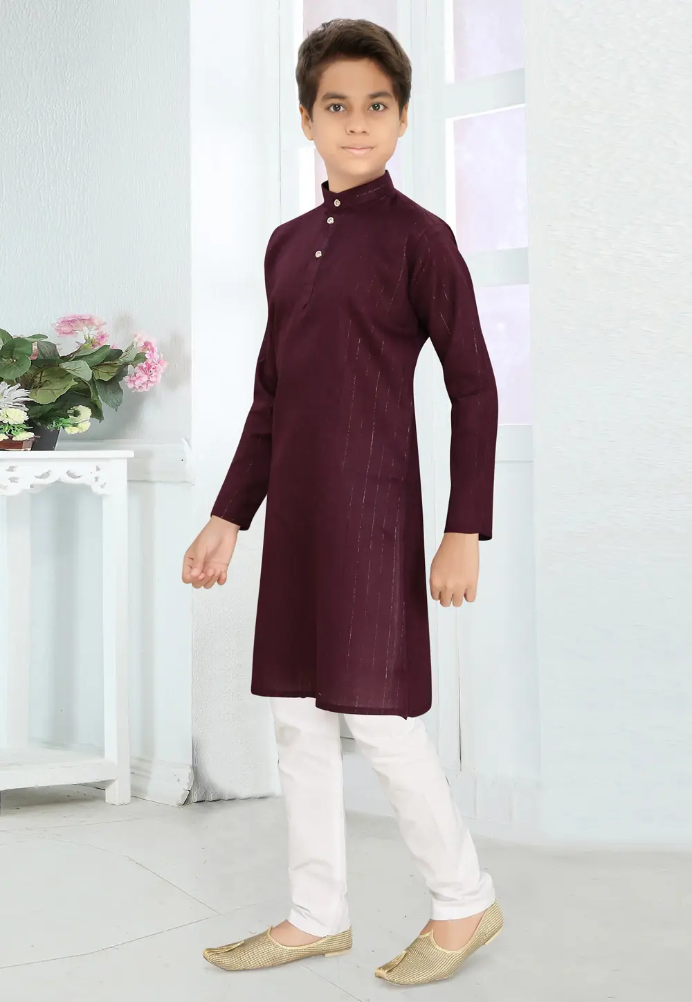 Wine Cotton Kids Kurta Pajama 298436