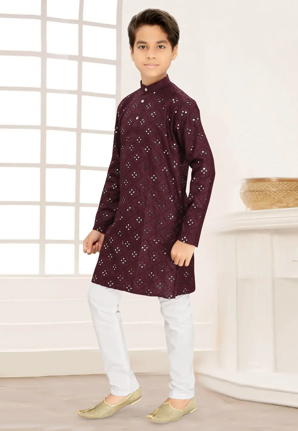 Wine Cotton Kids Kurta Pajama 298429