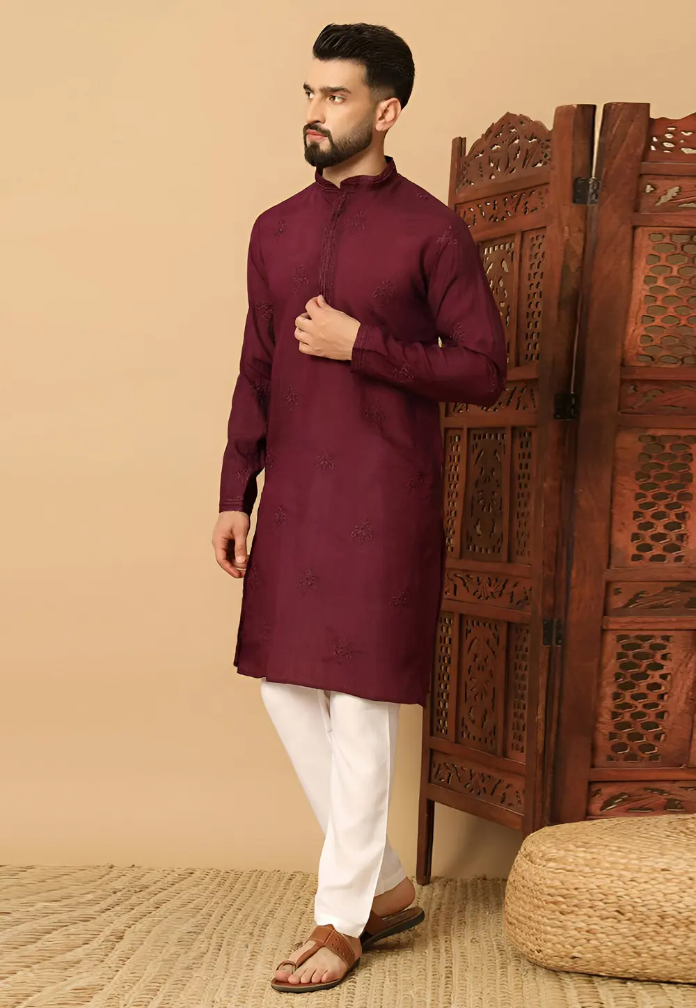 Wine Cotton Kurta Pajama 297903