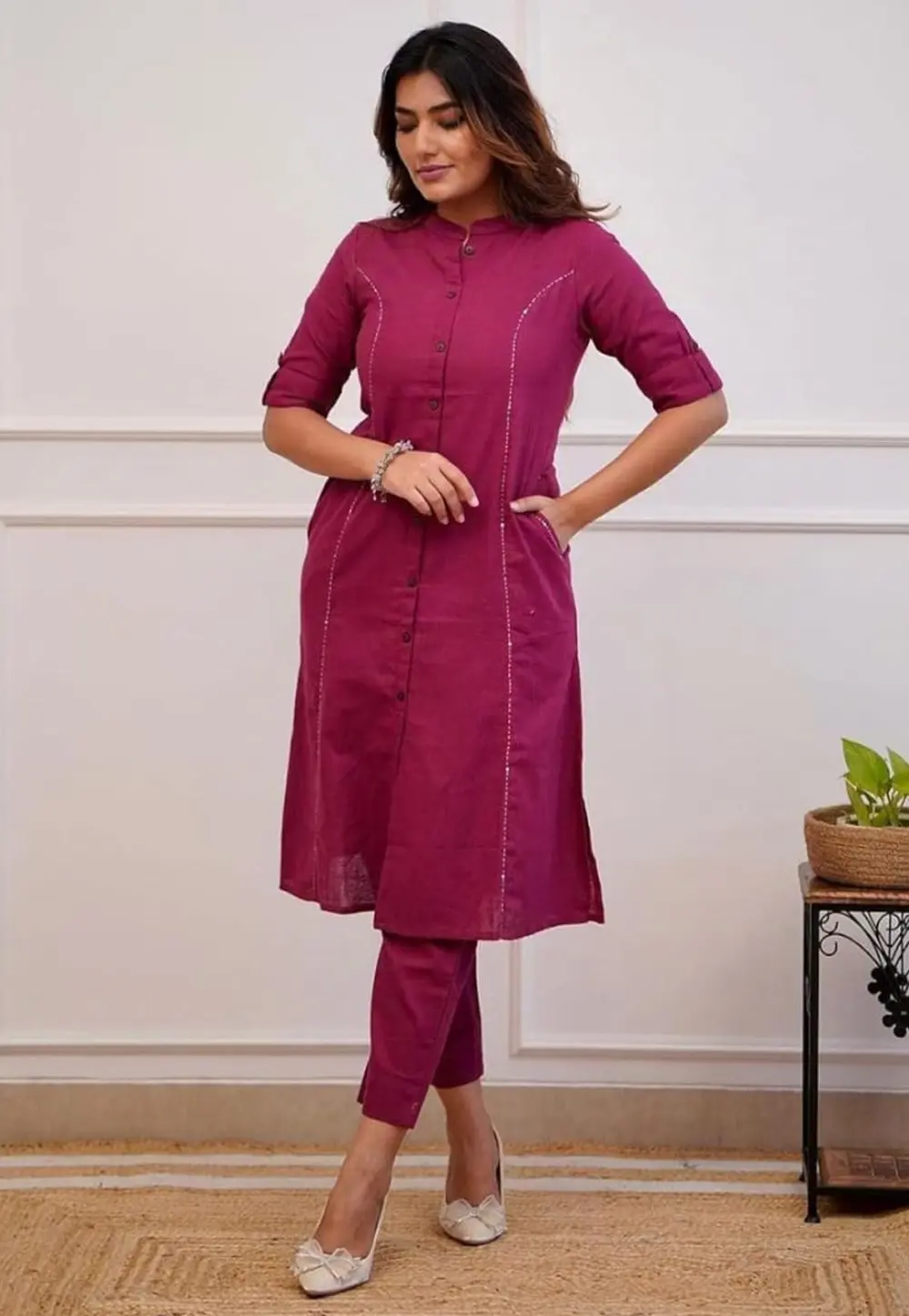 Wine Cotton Kurta Set With Pent 299550