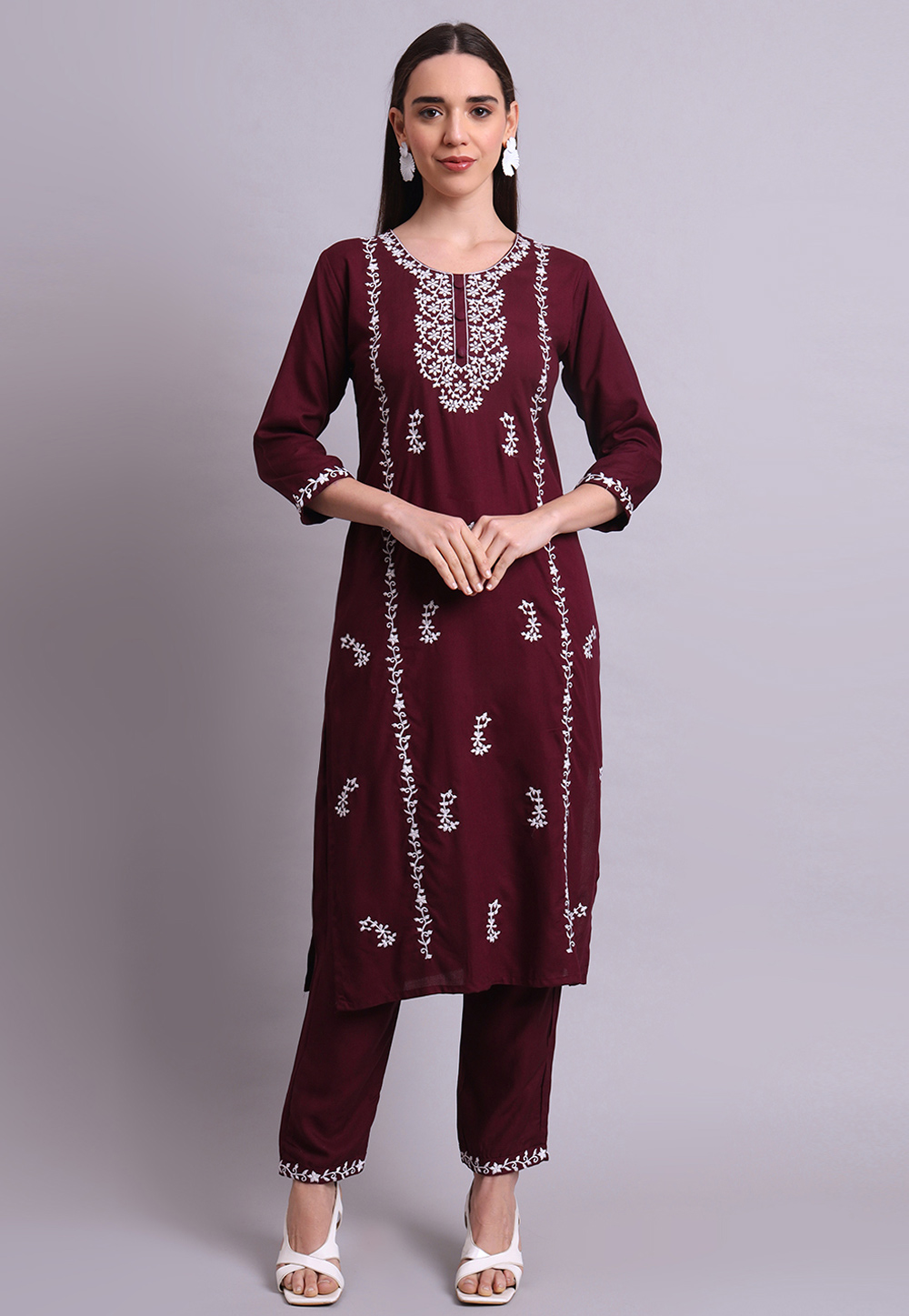Wine Cotton Kurta Set With Pent 309650