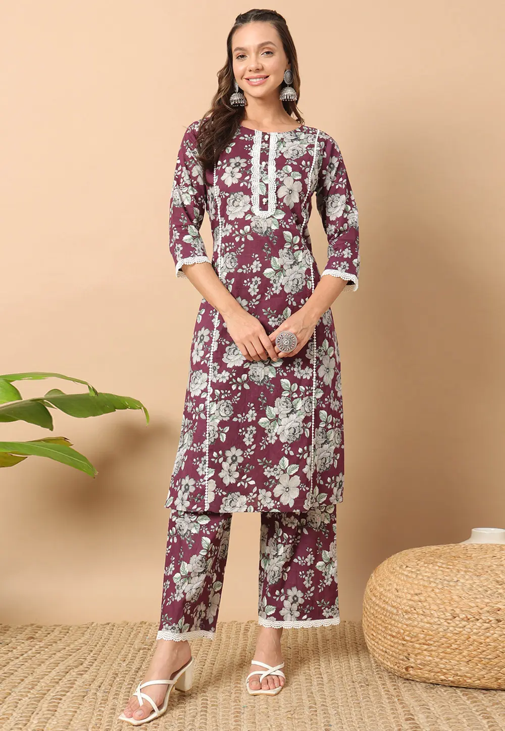 Wine Cotton Kurta Set With Pent 301377