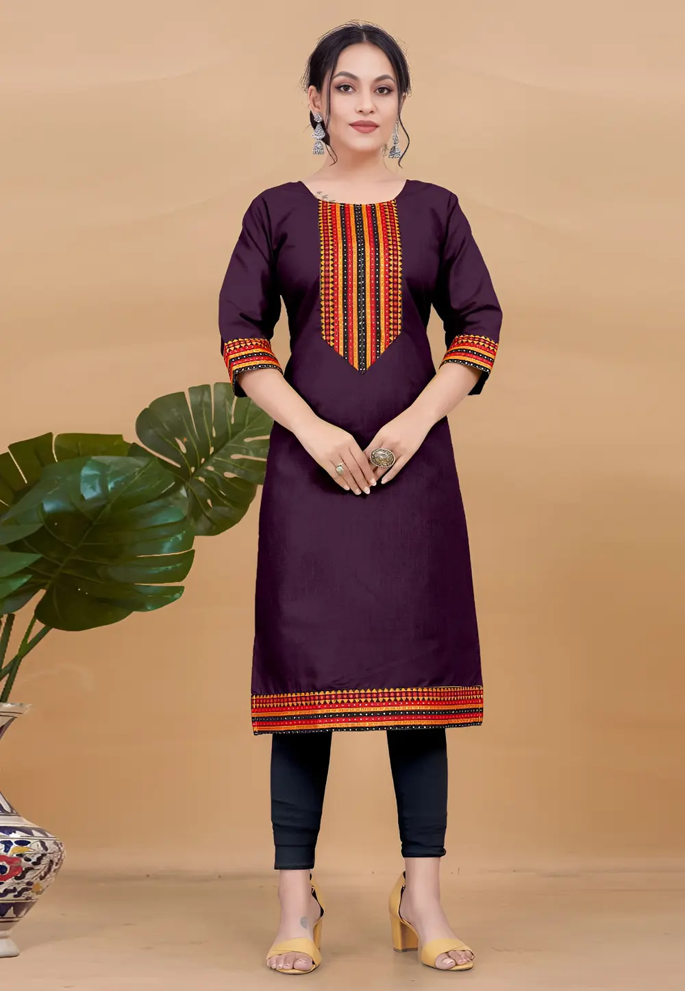 Wine Cotton Long Kurti 297526