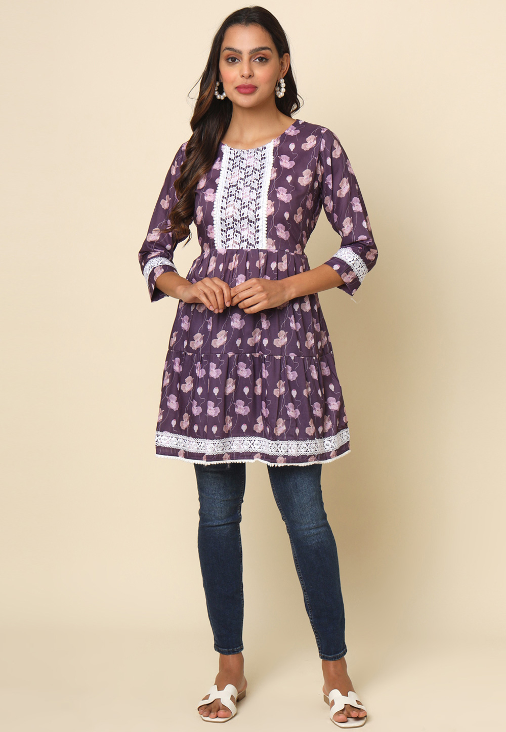 Wine Cotton Printed Kurti 286301