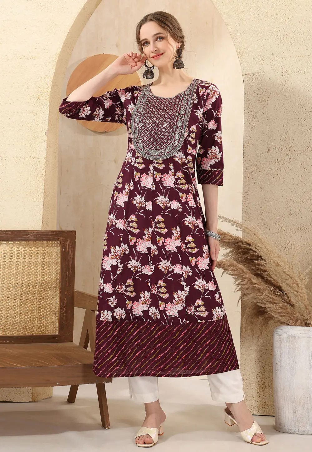 Wine Cotton Printed Long Kurti 301780