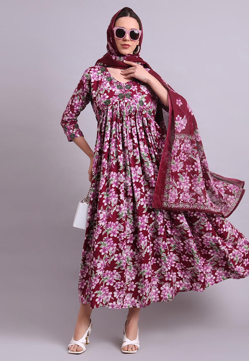 Wine Cotton Readymade Long Anarkali Suit 309671