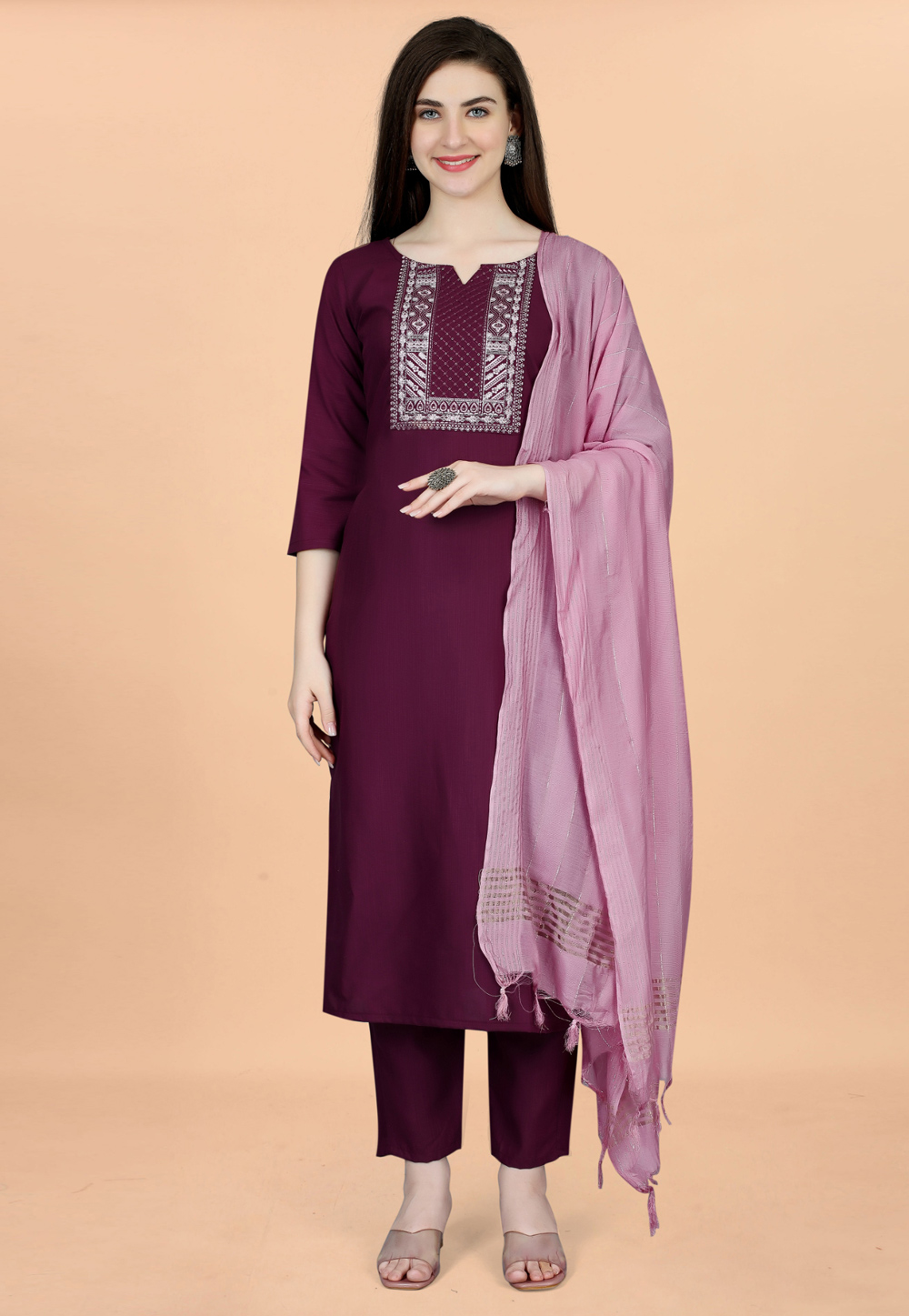 Wine Cotton Readymade Pant Style Suit 280245