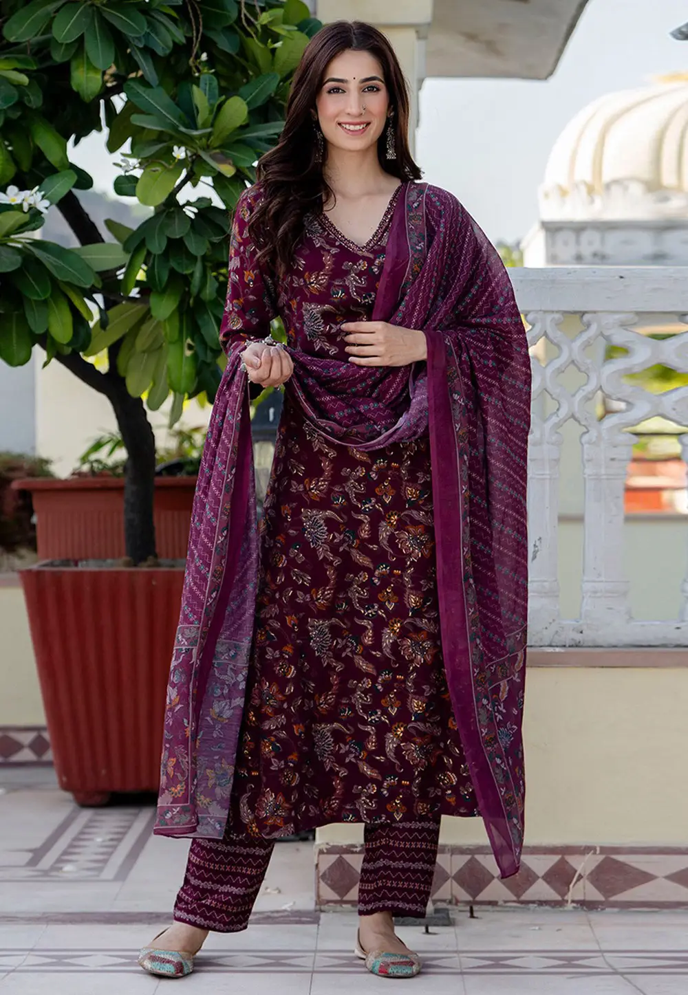 Wine Cotton Readymade Pant Style Suit 296761