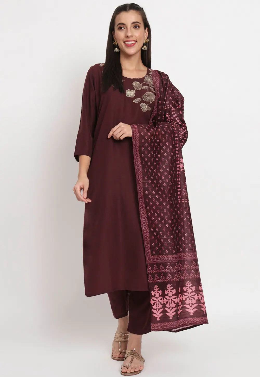 Wine Cotton Readymade Pant Style Suit 300372