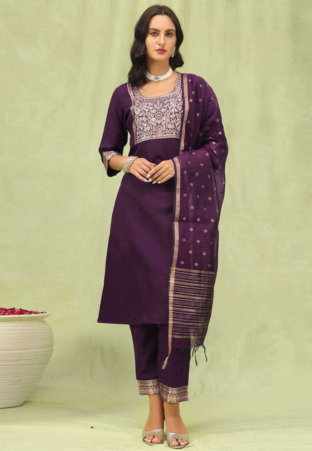 Wine Cotton Readymade Pant Style Suit 310029