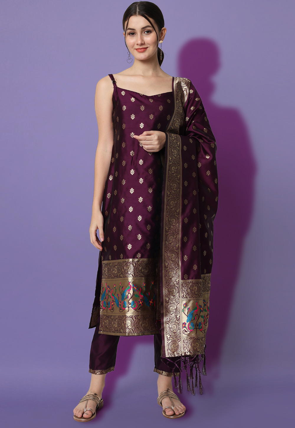 Wine Cotton Silk Readymade Pakistani Suit 310191