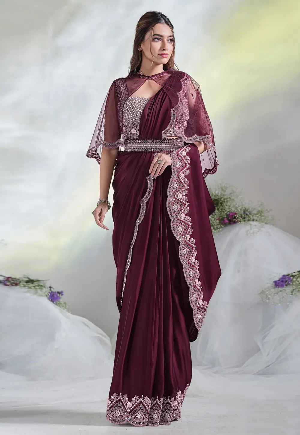 Wine Crepe Designer Saree 295895