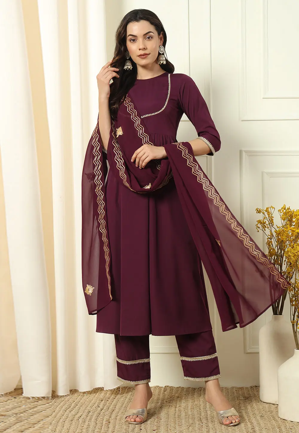 Wine Crepe Readymade Pakistani Suit 300840