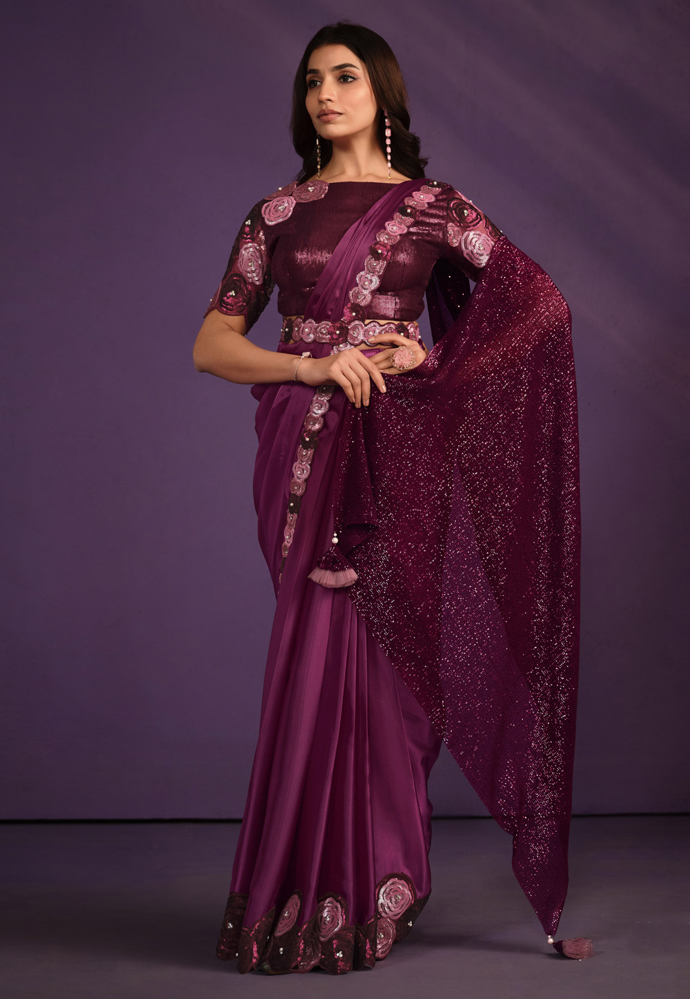 Wine Crepe Saree With Blouse 310845