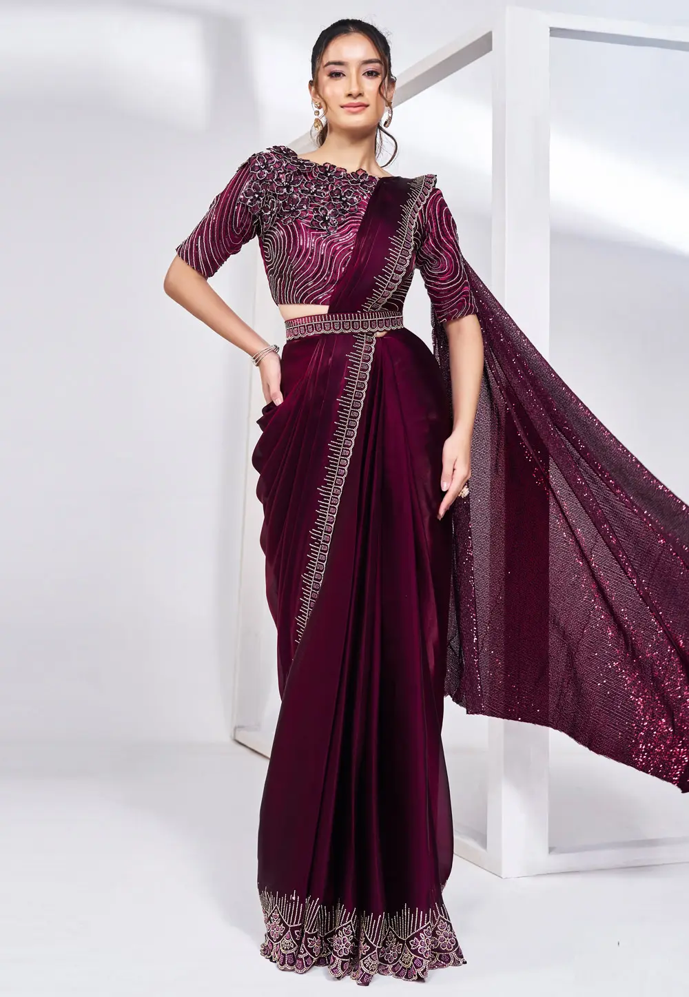 Wine Crepe Saree With Blouse 297779