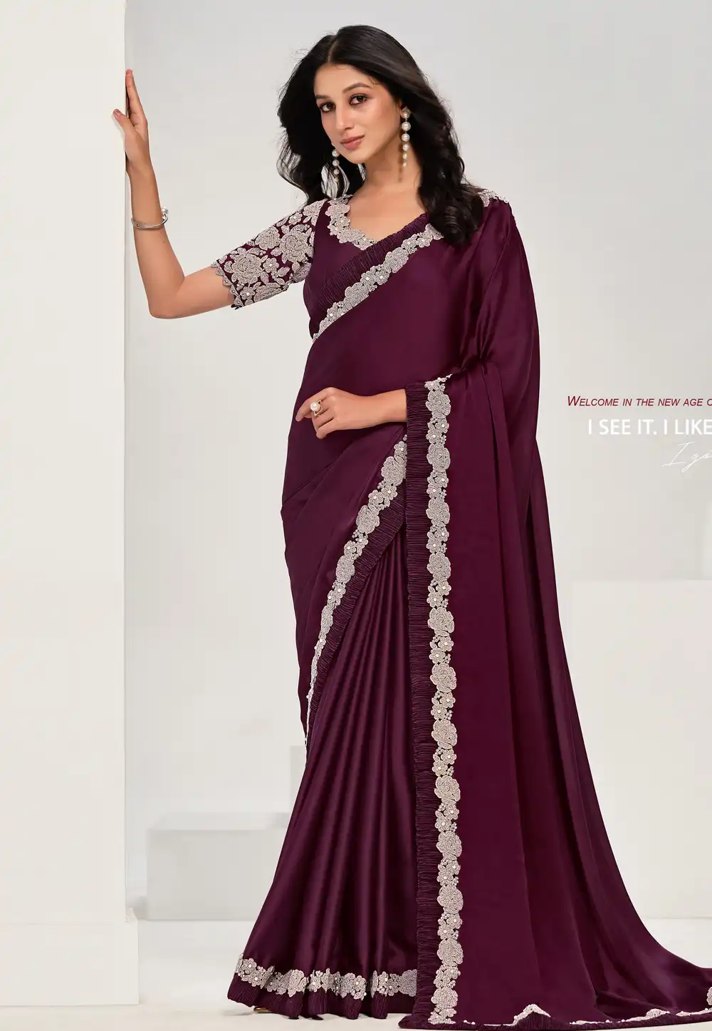 Wine Crepe Saree With Blouse 293074