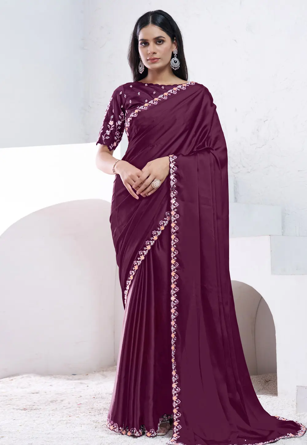 Wine Crepe Saree With Blouse 301287