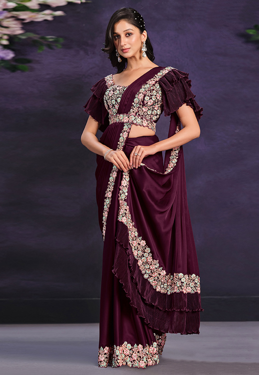 Wine Crepe Satin Designer Saree 286613