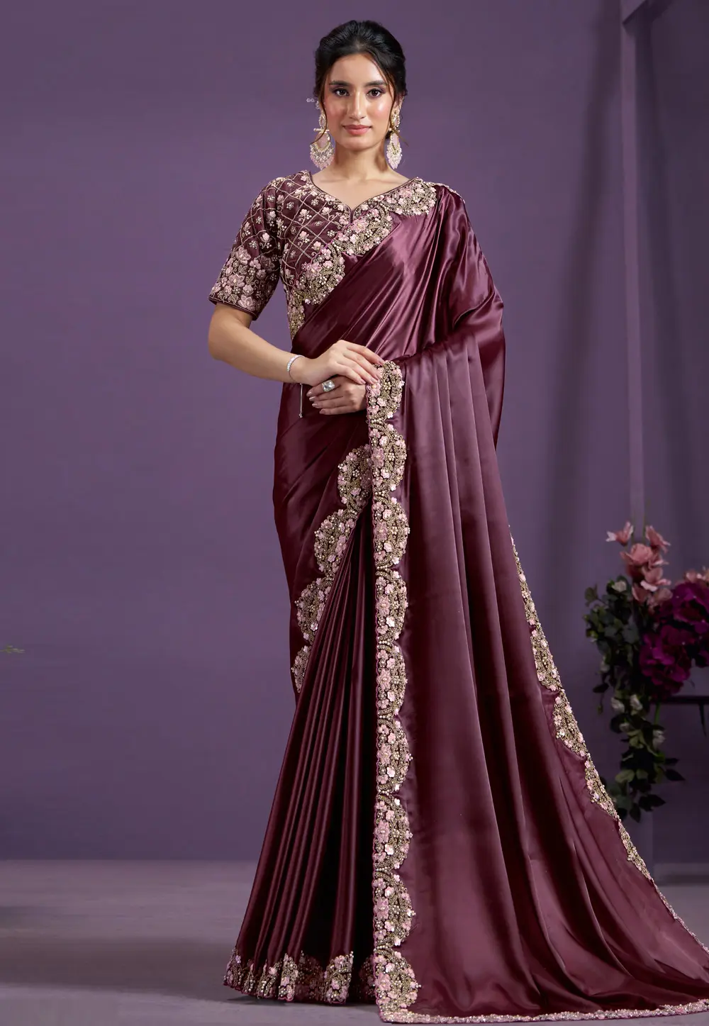 Wine Crepe Satin Saree With Blouse 298529