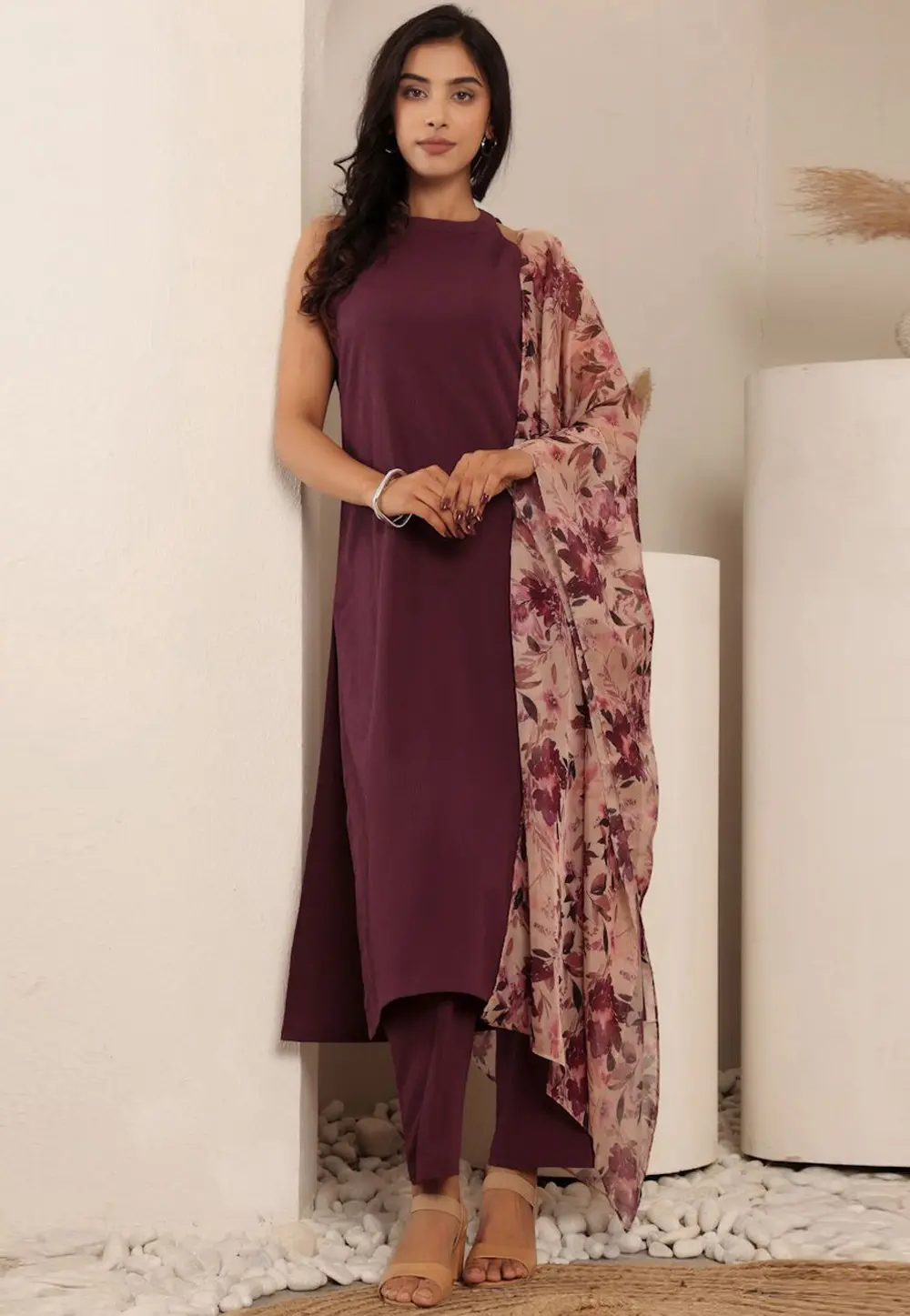 Wine Crepe Silk Readymade Pant Style Suit 302870