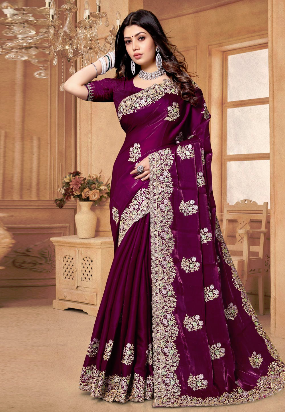 Wine Crepe Silk Saree With Blouse 282855