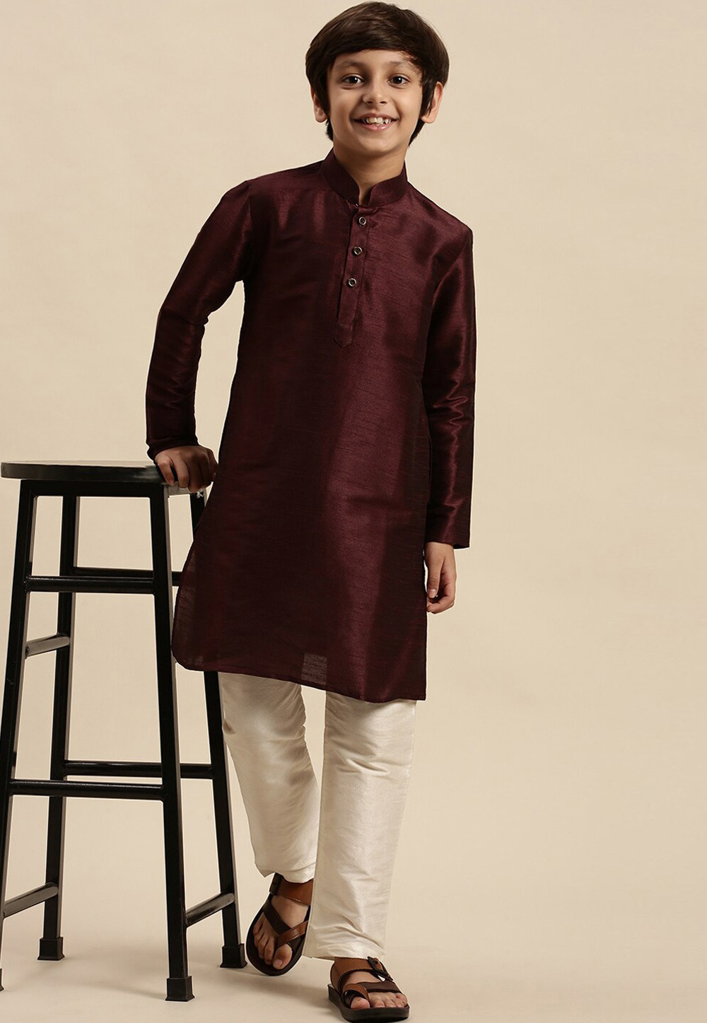 Wine Dupion Silk Kids Kurta Pajama 286566