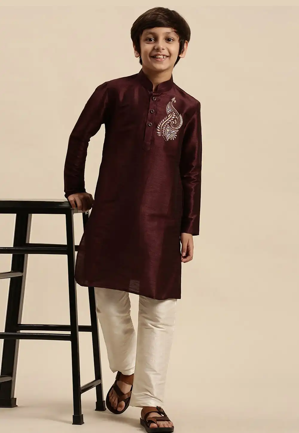 Wine Dupion Silk Kids Kurta Pajama 288325