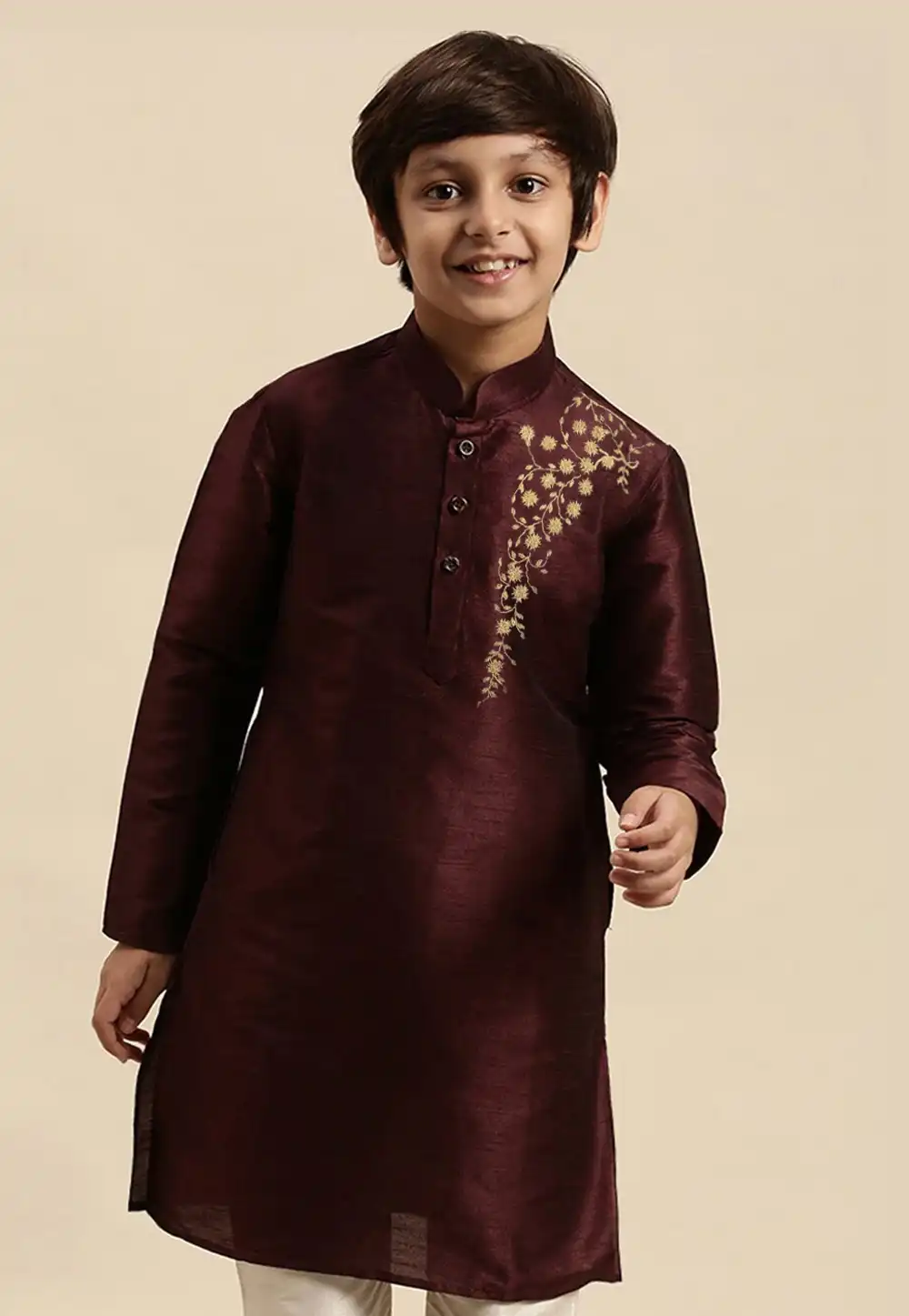 Wine Dupion Silk Kids Kurta Pajama 288326