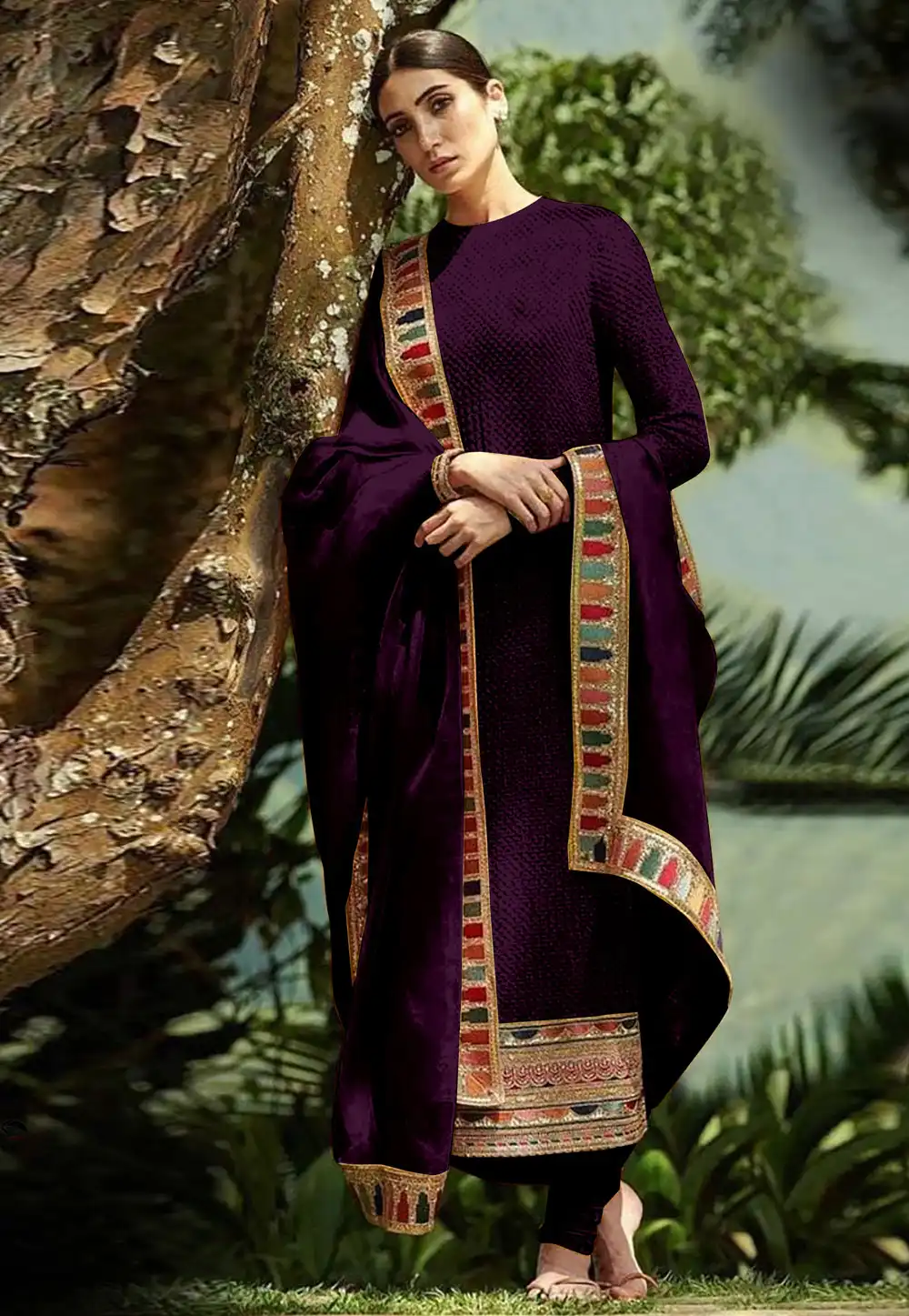 Wine Faux Georgette Churidar Suit 292142