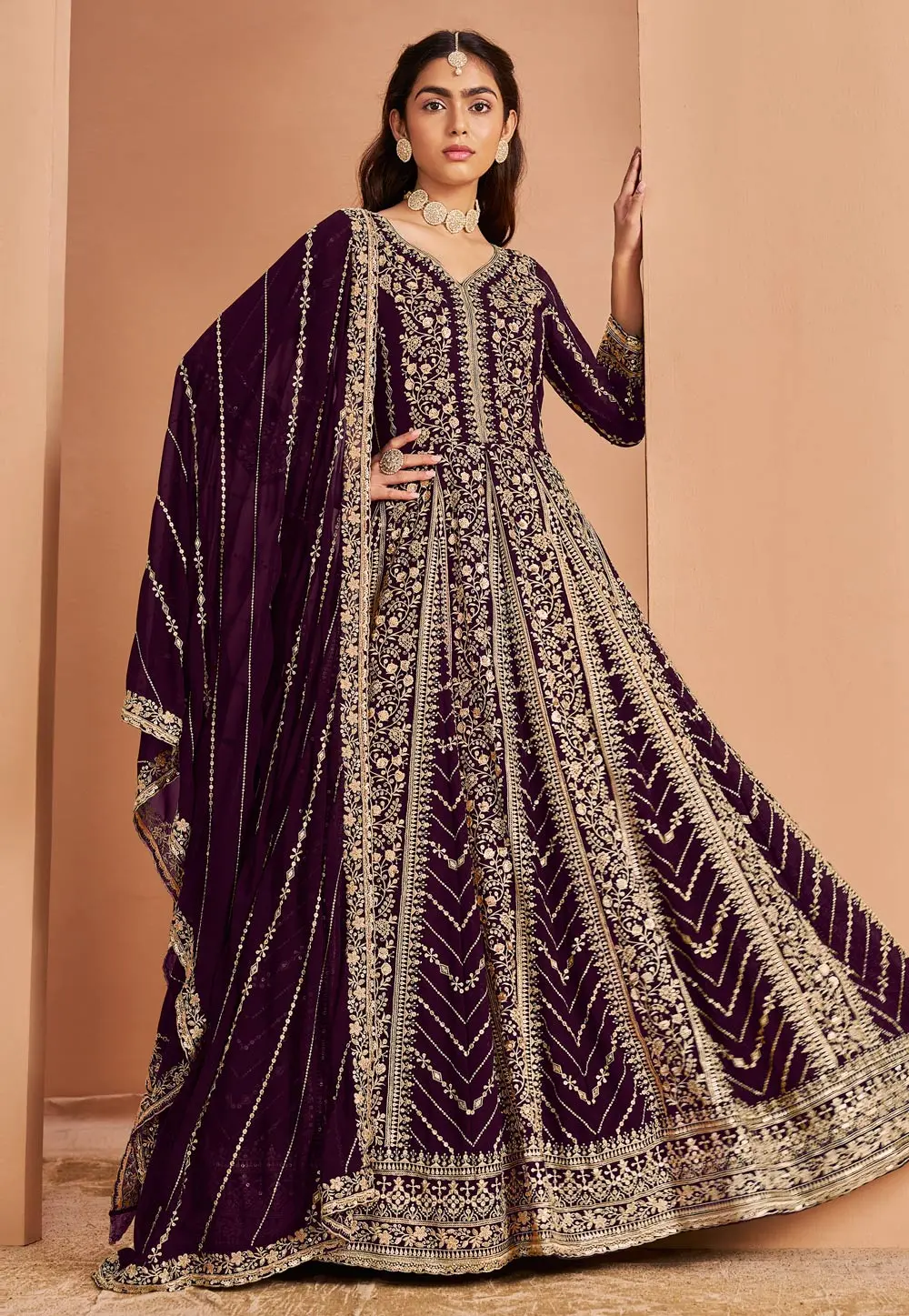 Wine Faux Georgette Embroidered Anarkali Suit 303242