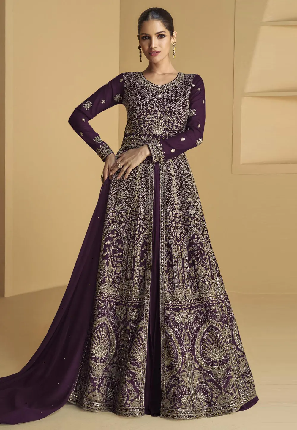 Wine Faux Georgette Embroidered Anarkali Suit 302378