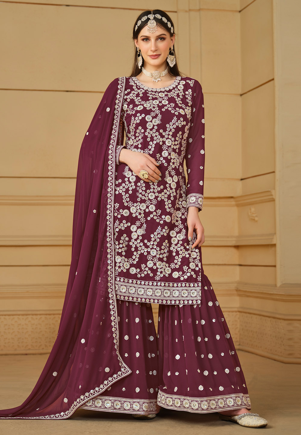 Wine Faux Georgette Embroidered Gharara Suit 283084