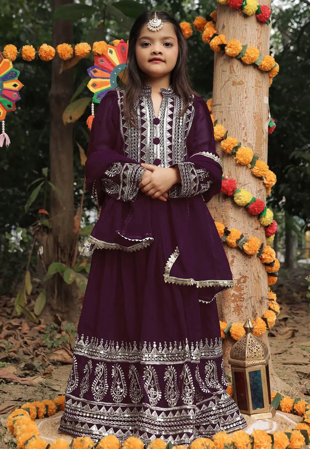 Wine Faux Georgette Kids Salwar Kameez 303374