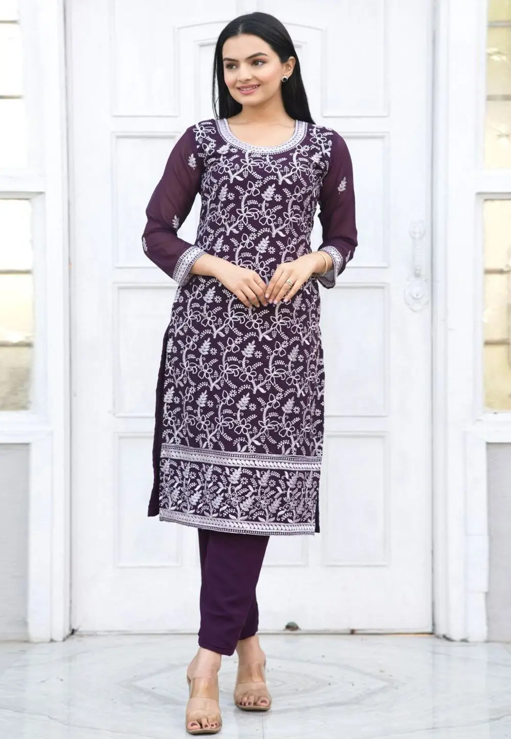 Wine Faux Georgette Kurta Set With Pent 301641