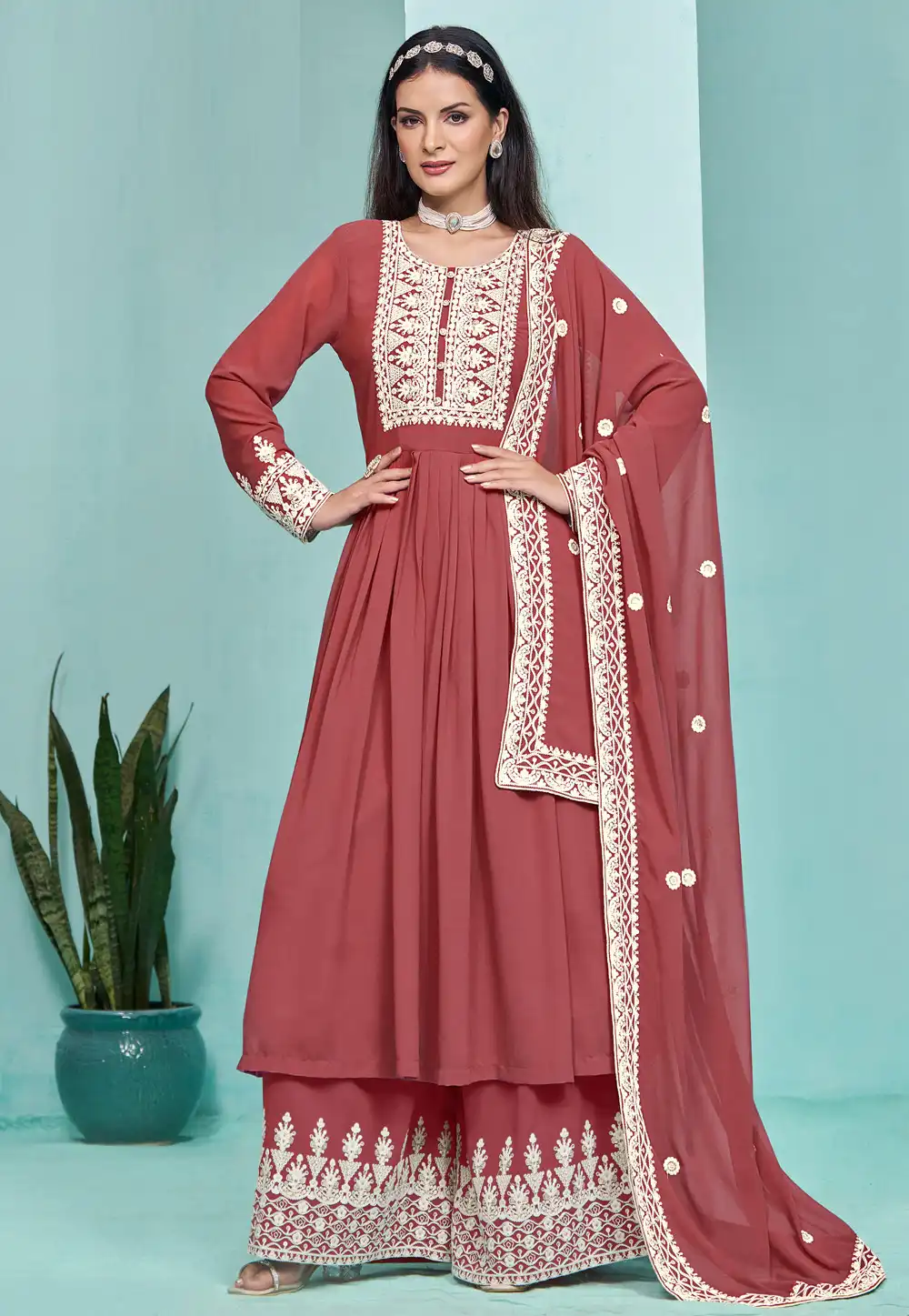 Wine Faux Georgette Pakistani Suit 293187