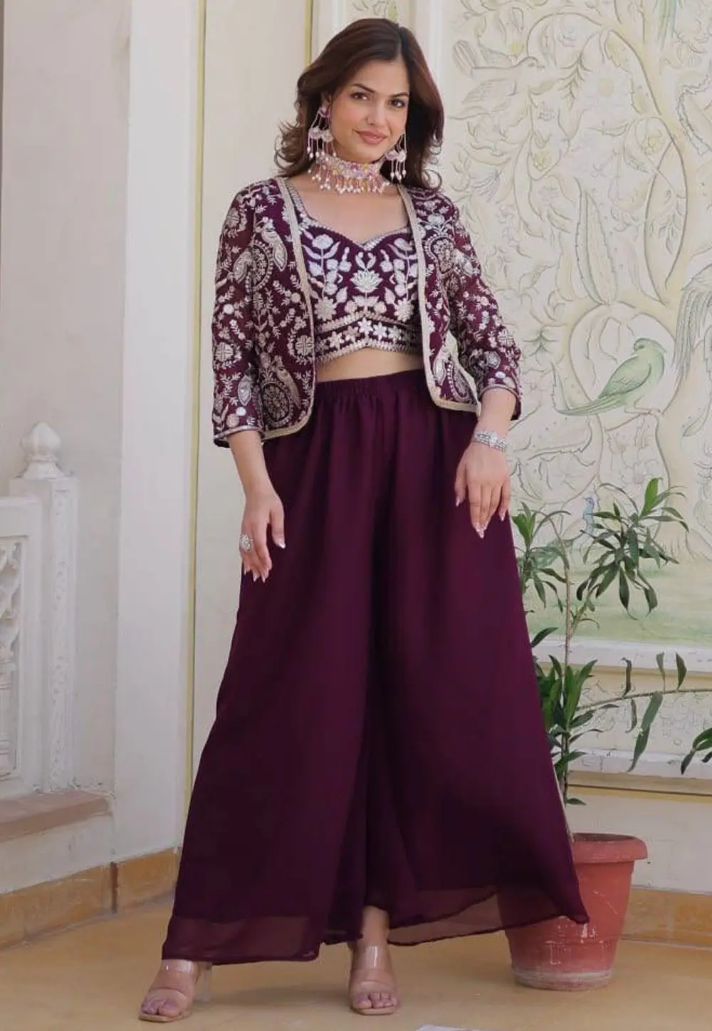 Wine Faux Georgette Palazzo With Crop Top 300412