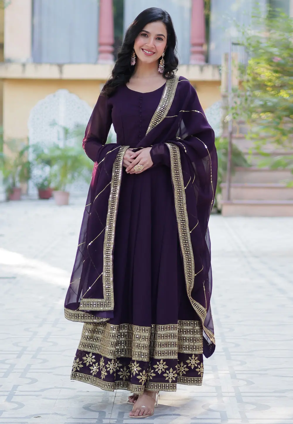 Wine Faux Georgette Readymade Anarkali Suit 304058