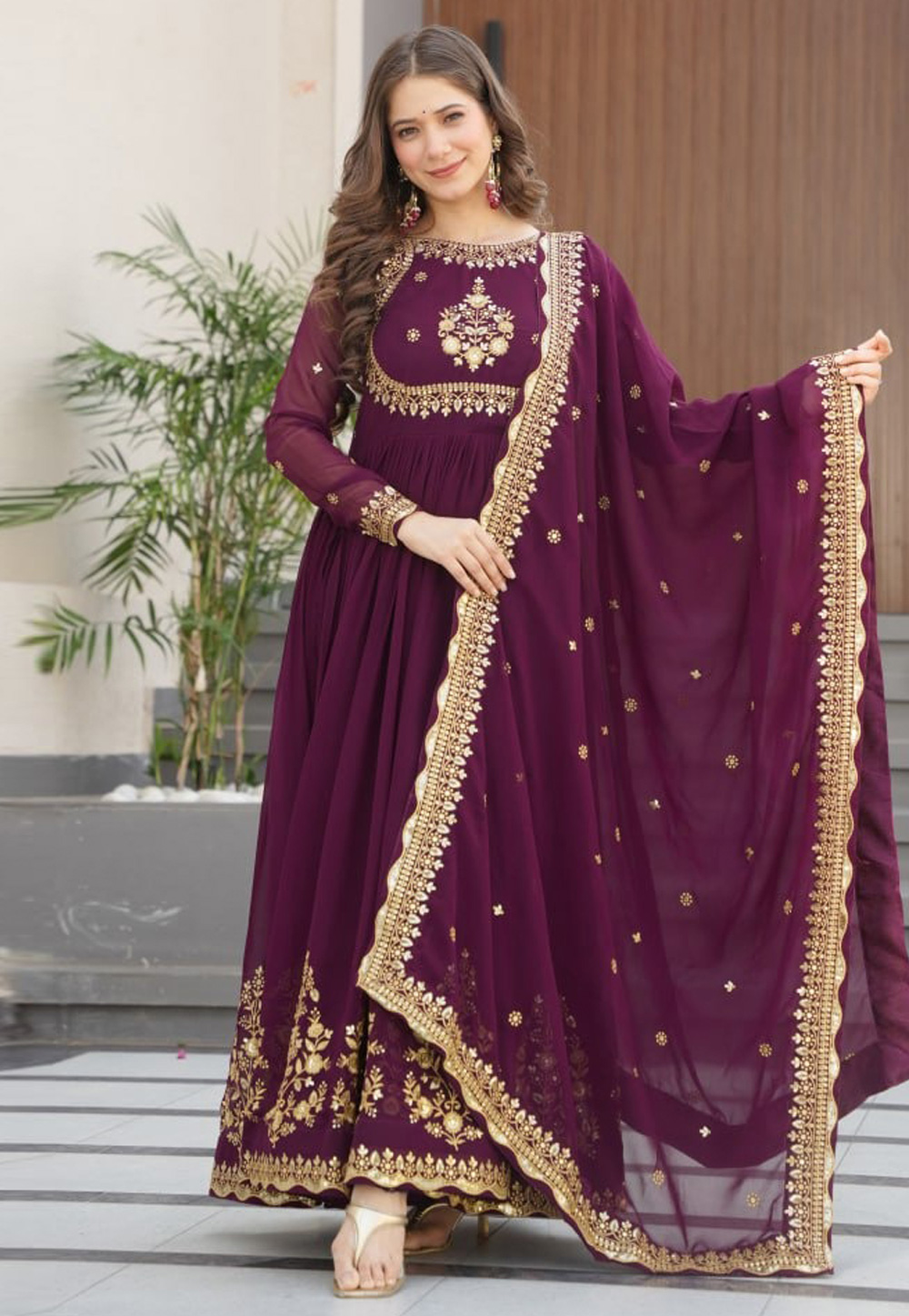 Wine Faux Georgette Readymade Anarkali Suit 309065
